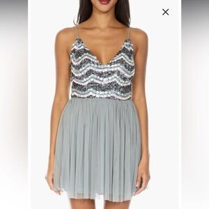 Amika Sequin & Mesh‎ Party Dress NWT Green/Gray and Pink Sparkle Glamour Dress